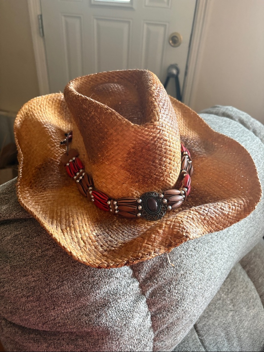 Straw Western Cowboy Hat with Beaded Concho Band - Brown